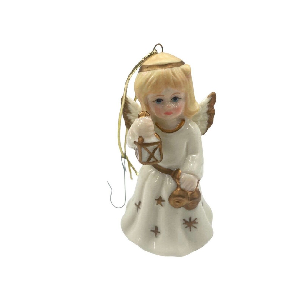 Vintage Girl Angel Holding Lantern Ornament w/Stars Hand Painted Ceramic